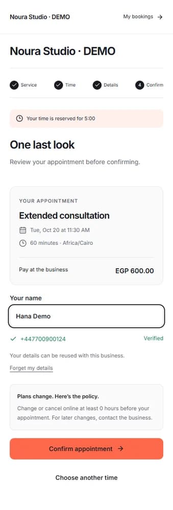 Review after local test verification; no code or credential is pictured. Fictional local demo data.