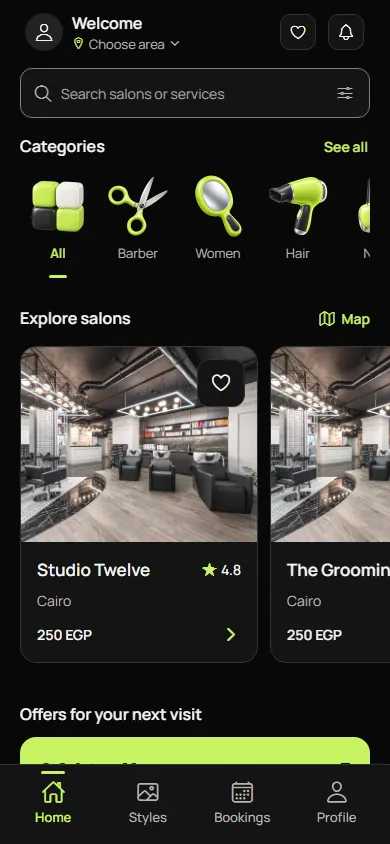 Current Home with category artwork and restrained navigation. Fictional demonstration data. React Native web export; fictional fixtures. Capture context: 2026-10-17.