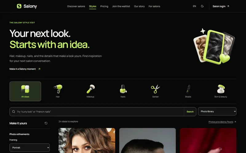 Styles browsing with provider photography, distinct from salon-owned portfolio results. Existing public website capture; attributed provider photography. Capture context: 2026-10-17.