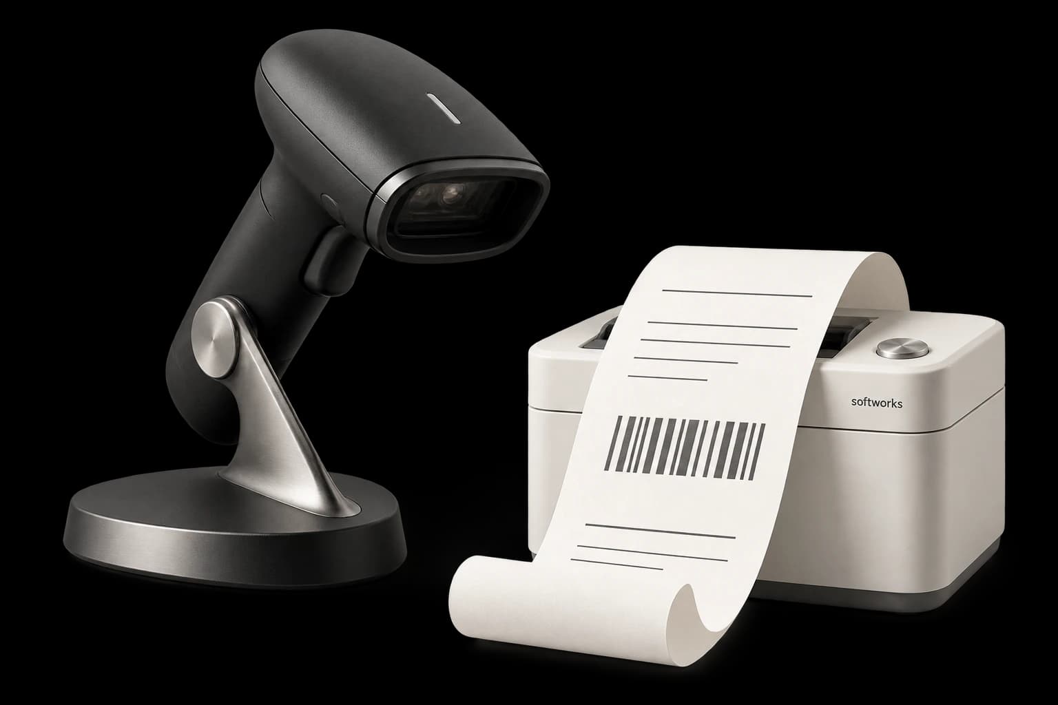 Softworks concept barcode reader and receipt printer beside the Varqio interface