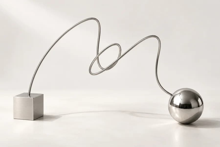 A silver thread connects a raw cube to a polished sphere, an original study of an idea taking form