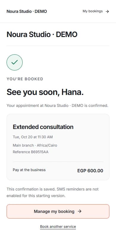 Actual Bookalto mobile booking confirmation, fictional demo data