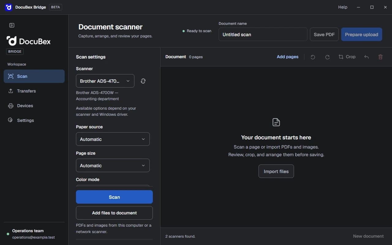 واجهة Scanner Bridge الداكنة، مع اسم جهاز طويل ظاهر أسفل الاختيار