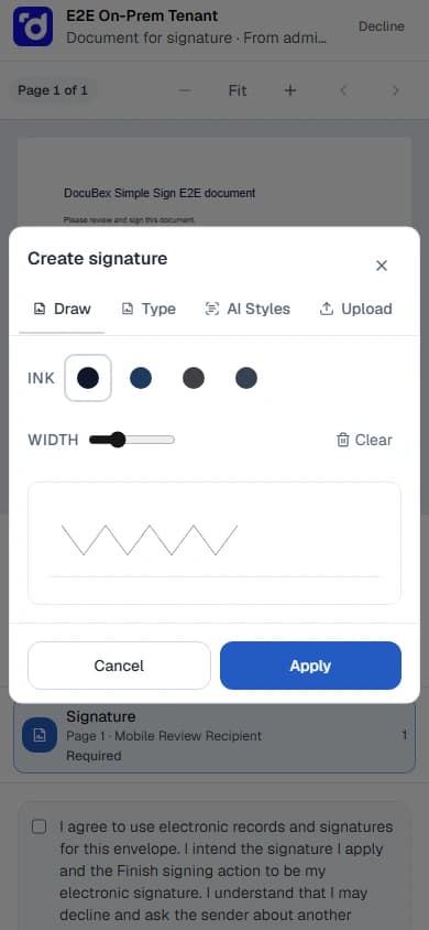واجهة رسم توقيع من شاشة موبايل داخل رحلة Simple Sign