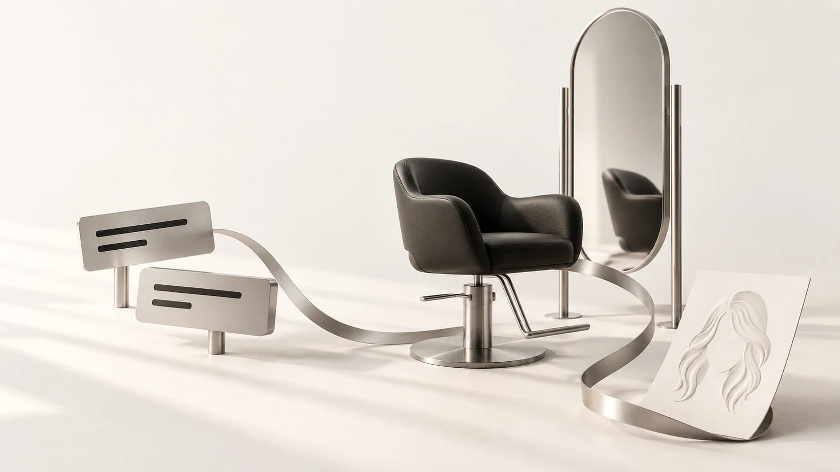 Original concept illustration connecting a salon chair, appointment tiles and a reference look