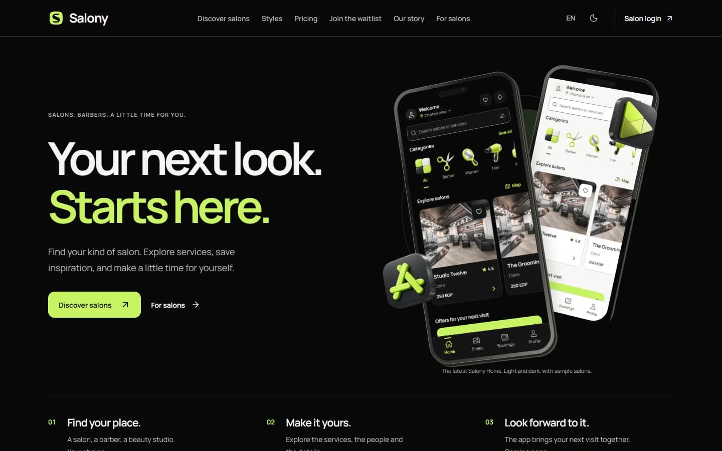 Salony website hero in English and dark mode