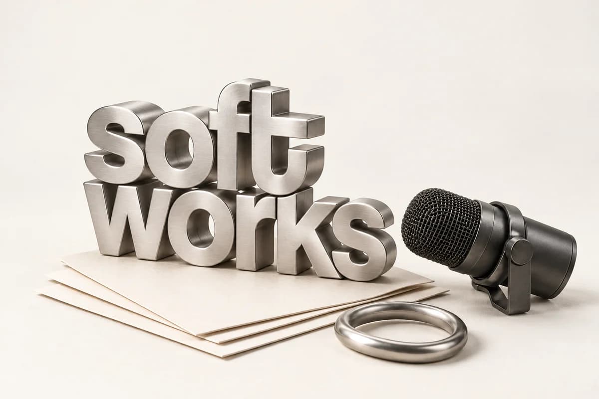 The Softworks logo sculpted in brushed steel, resting on paper beside a microphone and silver ring.