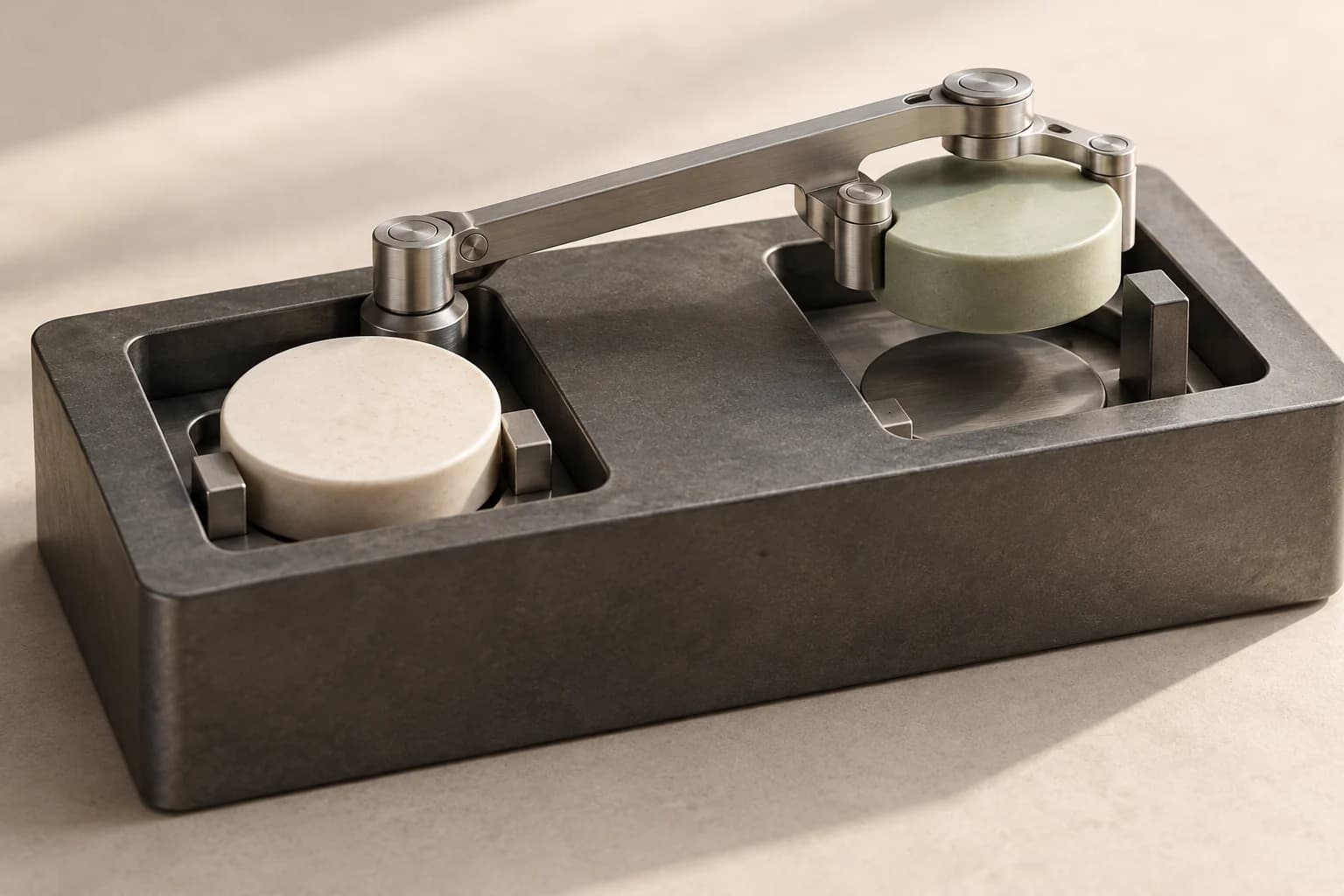 An ivory token remains seated while a metal transfer arm holds a sage replacement over a second bay.