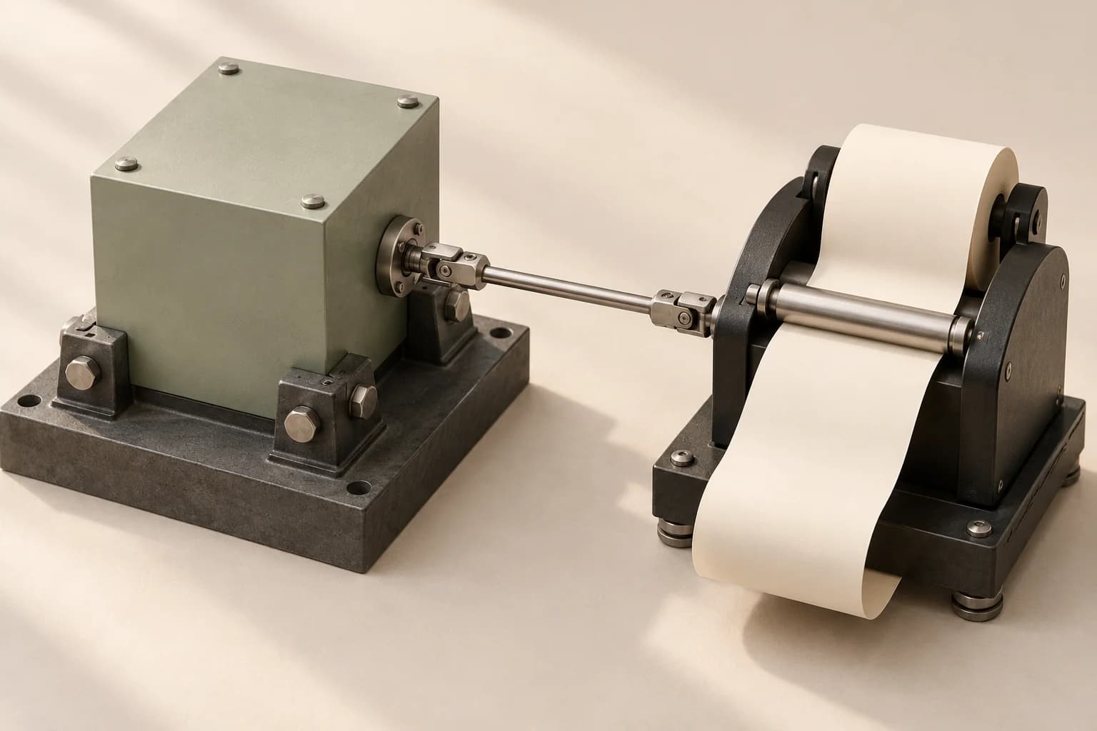 A secured sage block and a separate paper mechanism joined by a slender metal linkage.