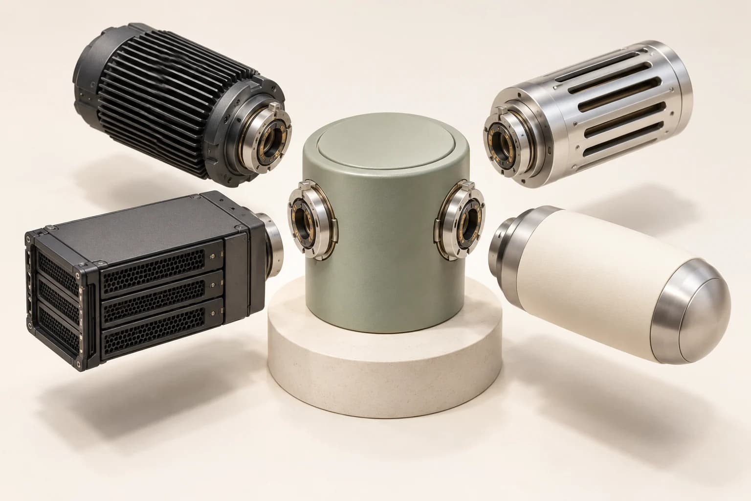 A central sage cylinder surrounded by four different infrastructure modules with matching connectors.