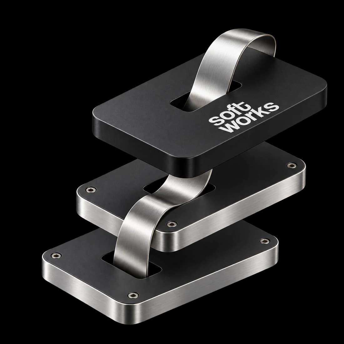 Three graphite plates with machined silver edges, joined by a continuous steel ribbon and the Softworks wordmark.