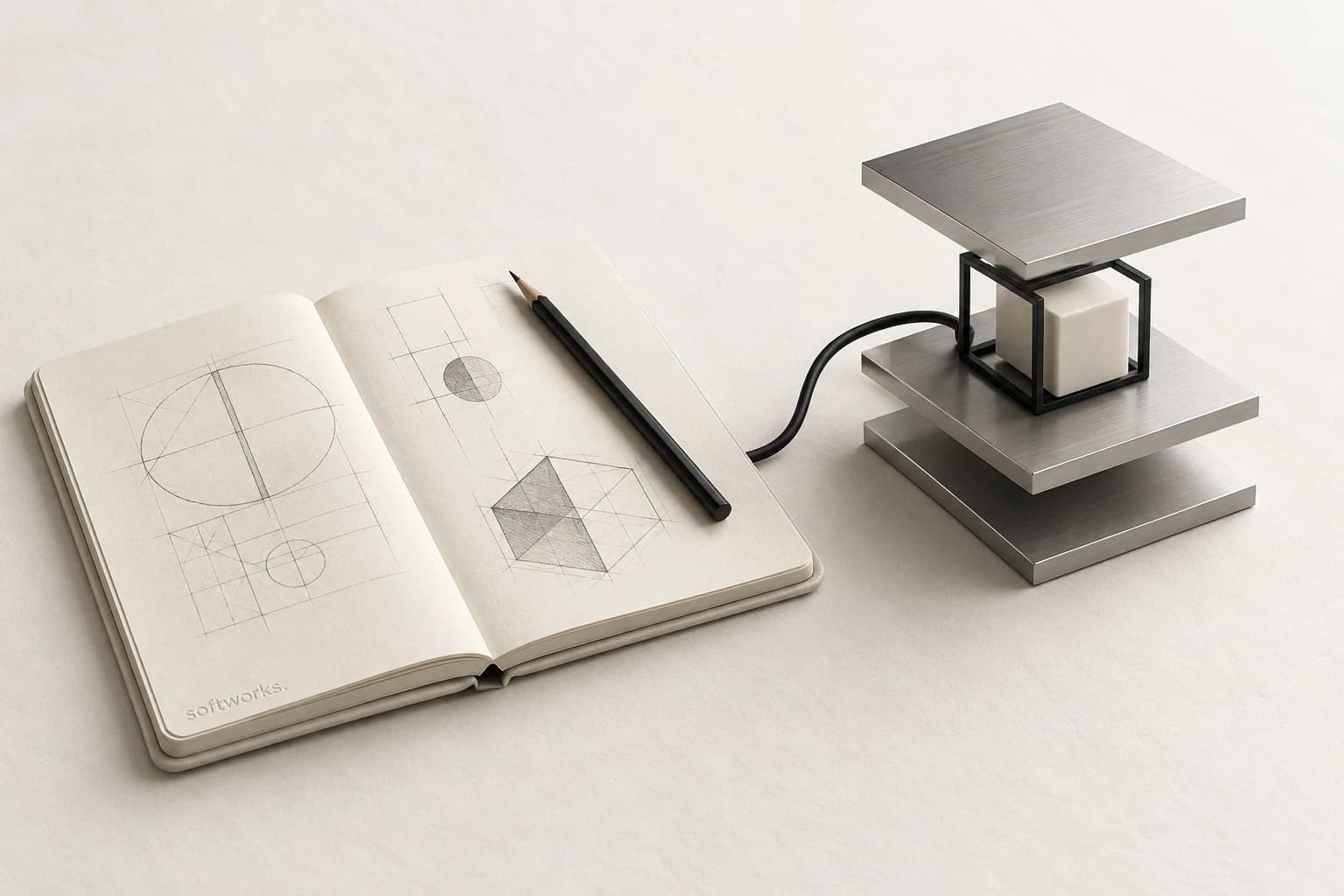 Original Softworks concept illustration connecting an open notebook and pencil to a precisely assembled silver structure