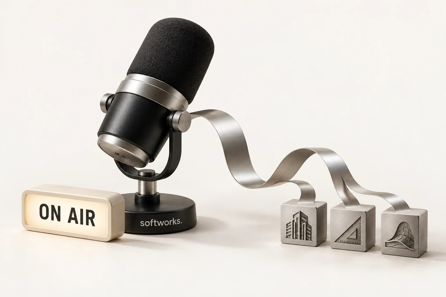 Original Softworks concept illustration of a broadcast microphone, an on-air sign, and a silver ribbon connecting software blocks